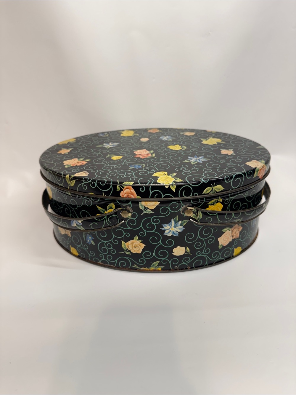 Vintage Mid-Century Black Floral Tin Sewing Basket with Handles, Chintz Rose Mot